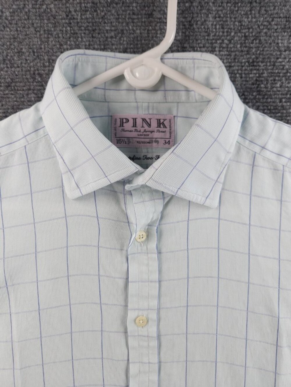 Thomas Pink Cotton Check 16.5 34 Blue Mens Button Up Long Sleeve Shirt Spread